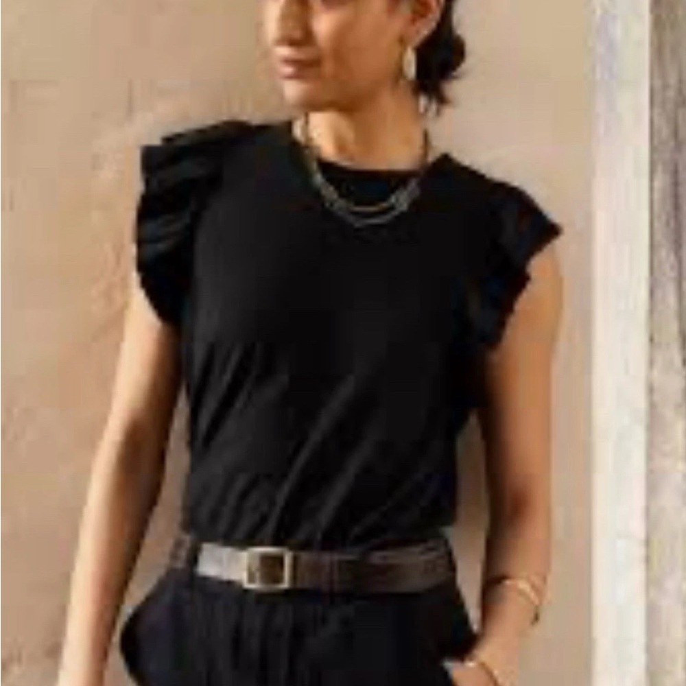 Banana Republic Factory Black Ruffle Sleeve Short Sleeve Tee